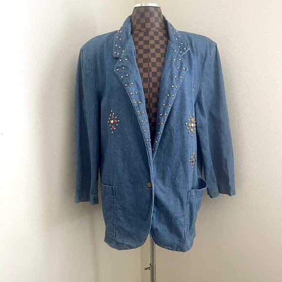 Vtg 80s Dreams Denim Blazer XL Rhinestone Studded Embellished Jacket Oversized - Picture 2 of 11